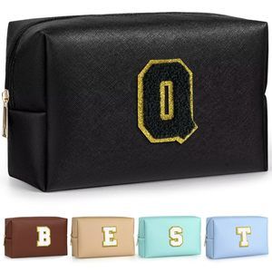 Initial Makeup Bag For Travel, Chenille Letter Pouch Cosmetic Bag, Pu Leather🌼